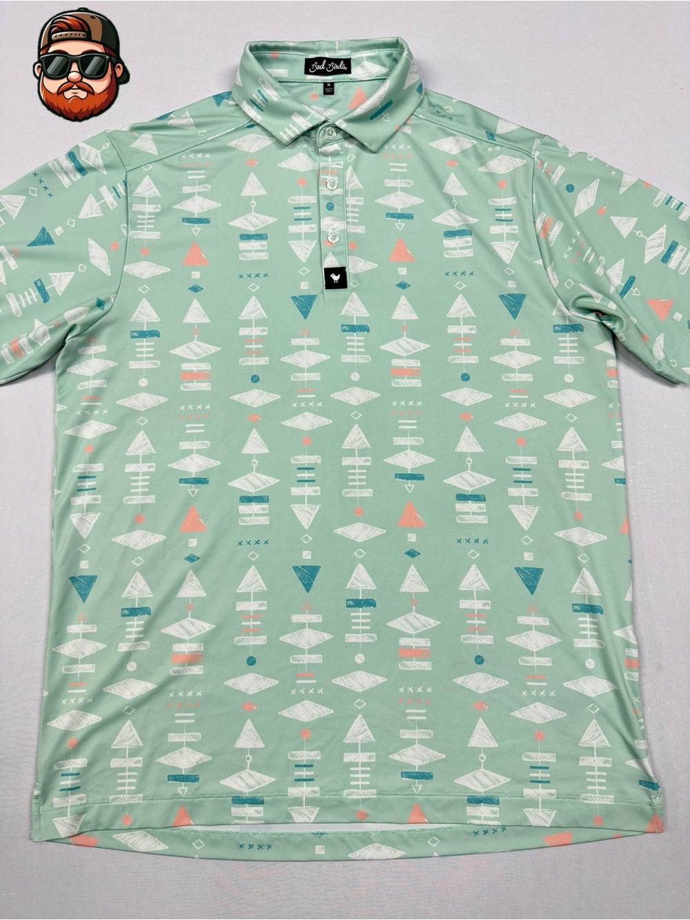 Men’s Medium Bad Birdie Green Geometric Performance Golf Polo